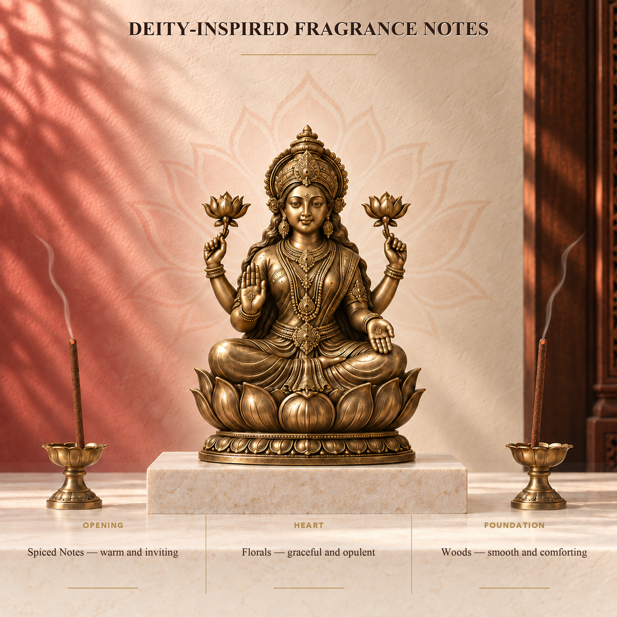 Padma dhoop for Lakshmi puja, lit beside a brass Maa Lakshmi idol