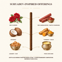 Surya-inspired puja samagri offerings behind Aditya bambooless dhoop