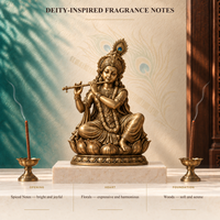 Madhav dhoop for Krishna puja, lit beside a brass Shri Krishna idol