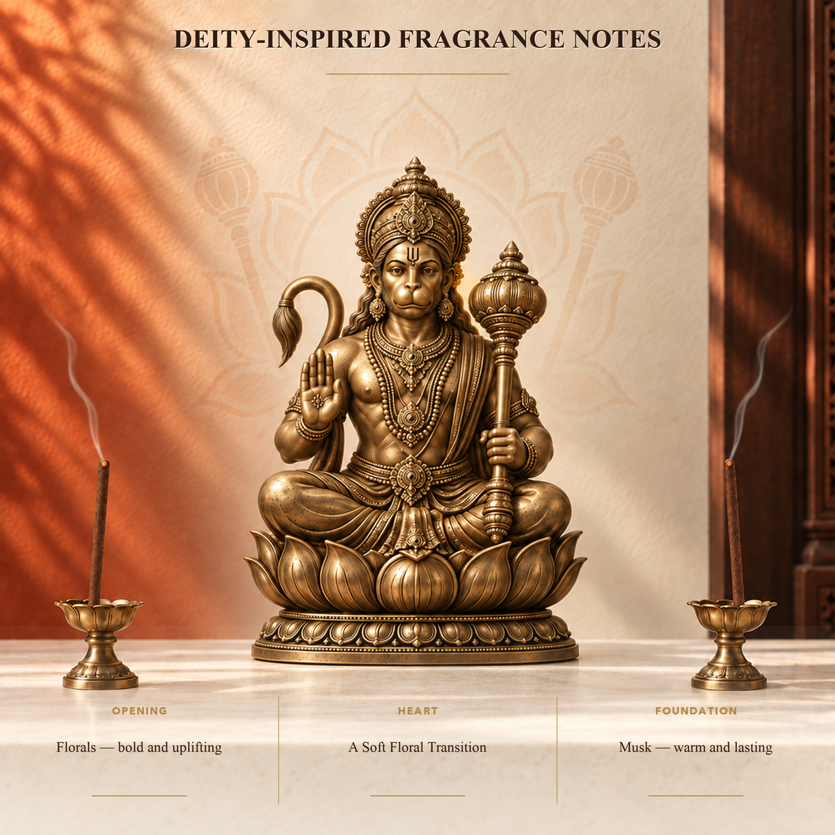 Bajrang dhoop beside a Hanuman idol, with floral and musky fragrance-note descriptions