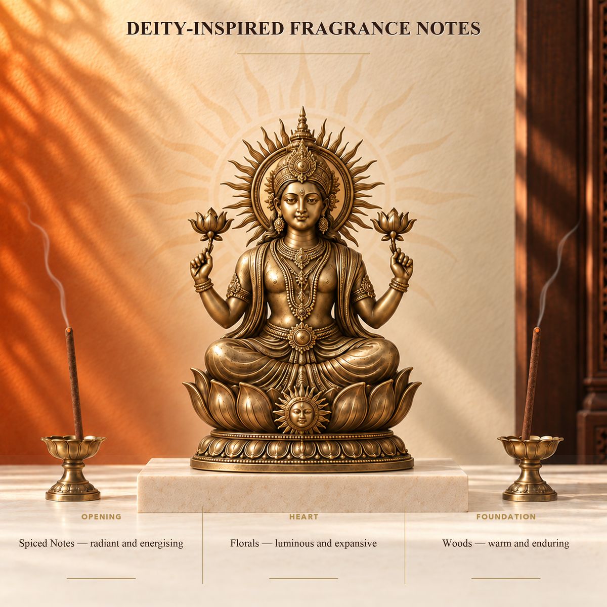 Aditya dhoop for Surya puja, lit beside a brass Surya idol