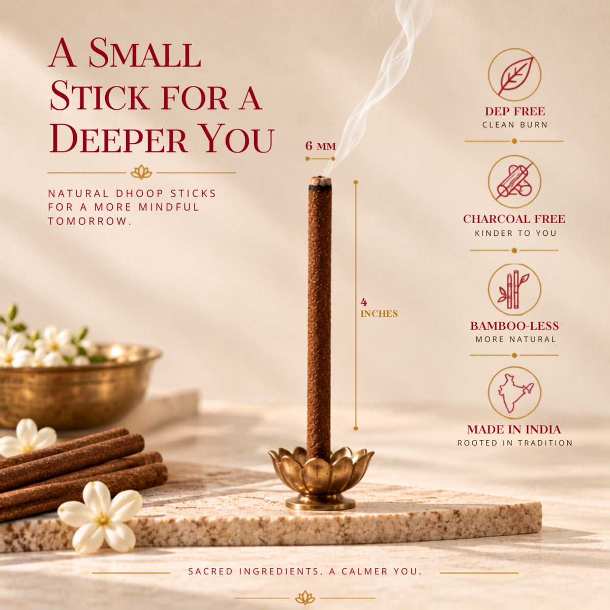 Kailash bambooless dhoop lit on its holder for everyday ritual and meditation