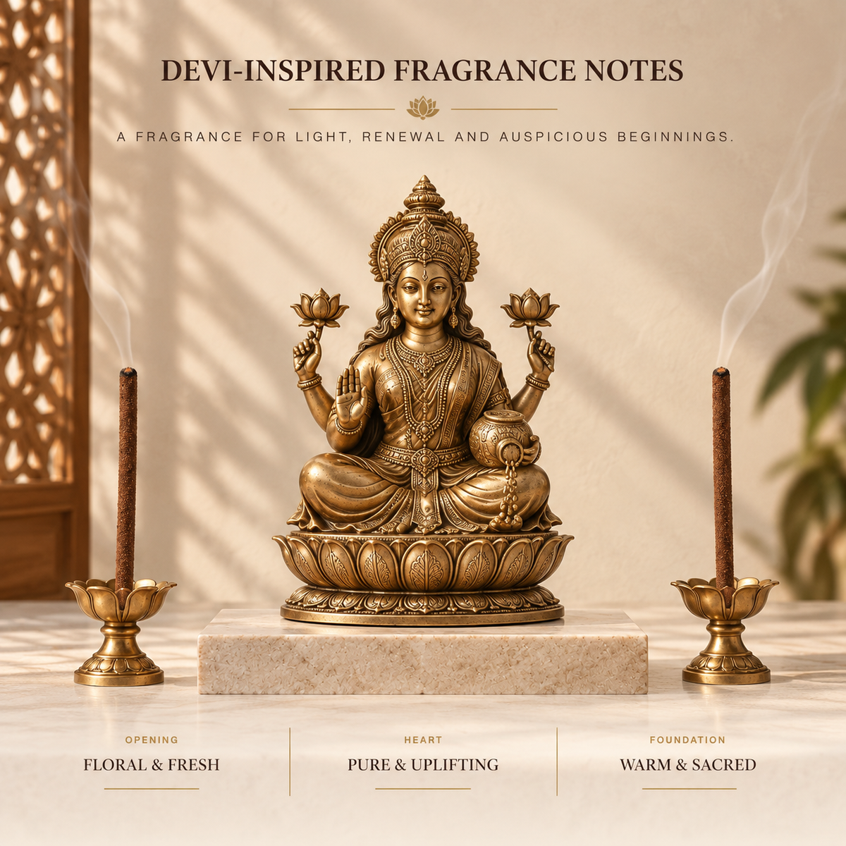 Two thick 24 mm Shubh Deepavali dhoop sticks for Lakshmi puja beside a brass Lakshmi idol