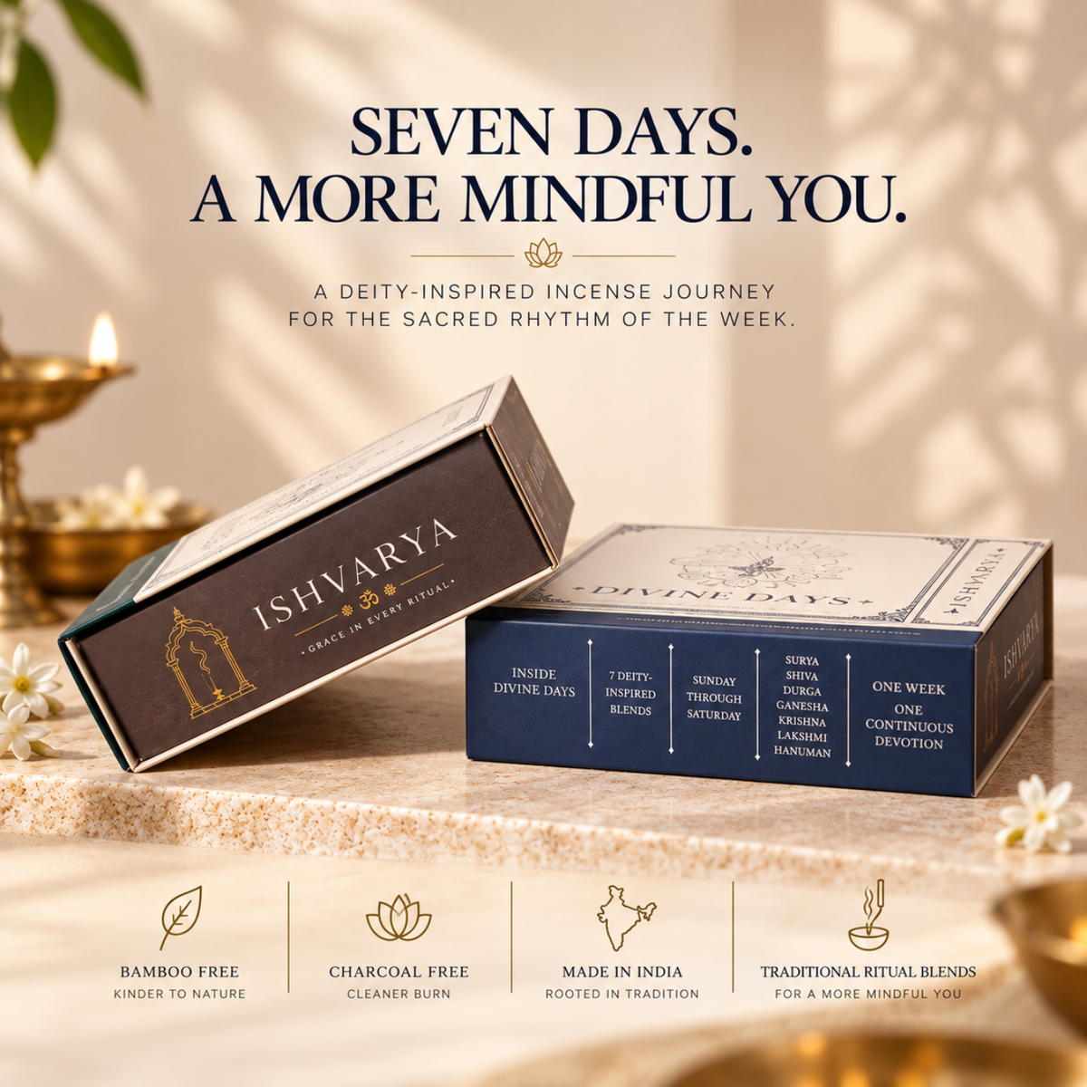 Divine Days dhoop boxes for a seven-day pooja ritual, gentle smoke and charcoal-free