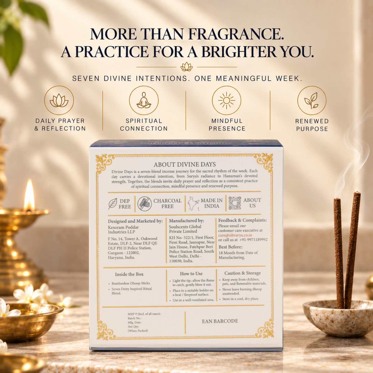 Back of the Divine Days box with lit dhoop on its holder: DEP-free, charcoal-free, made in India