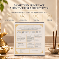 Back of the Divine Days box with lit dhoop on its holder: DEP-free, charcoal-free, made in India