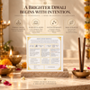 Back of the Shubh Deepavali box with lit dhoop and brass diyas: gentle smoke, charcoal-free