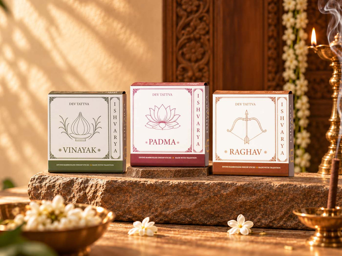 Ishvarya Vinayak, Padma and Raghav premium dhoop boxes in a traditional puja setting with lit incense